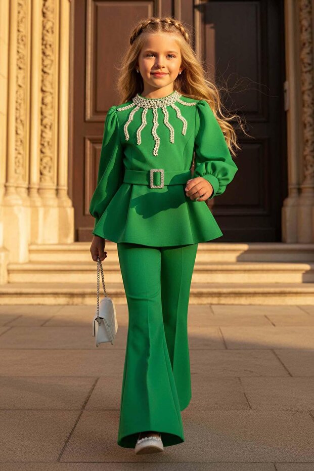 Girls' Collar Pearl-Detail and Lined Blouse Wide Fit Pants Belted Green Top and Bottom Set