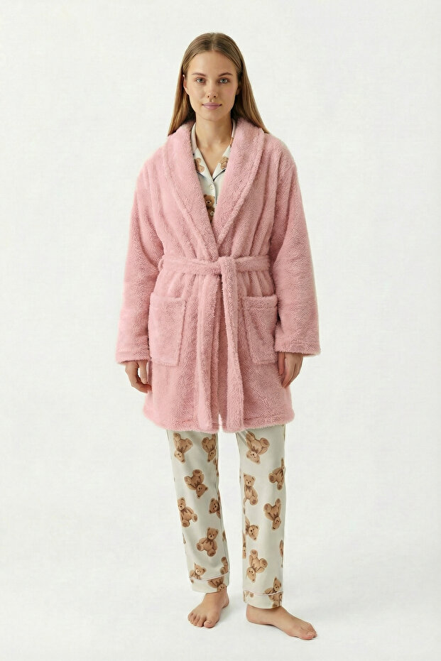 Shawl Collar Wellsoft Dressing Gown & Plush Bathrobe-Soft, Fleece Unisex Dressing Gown-Powder