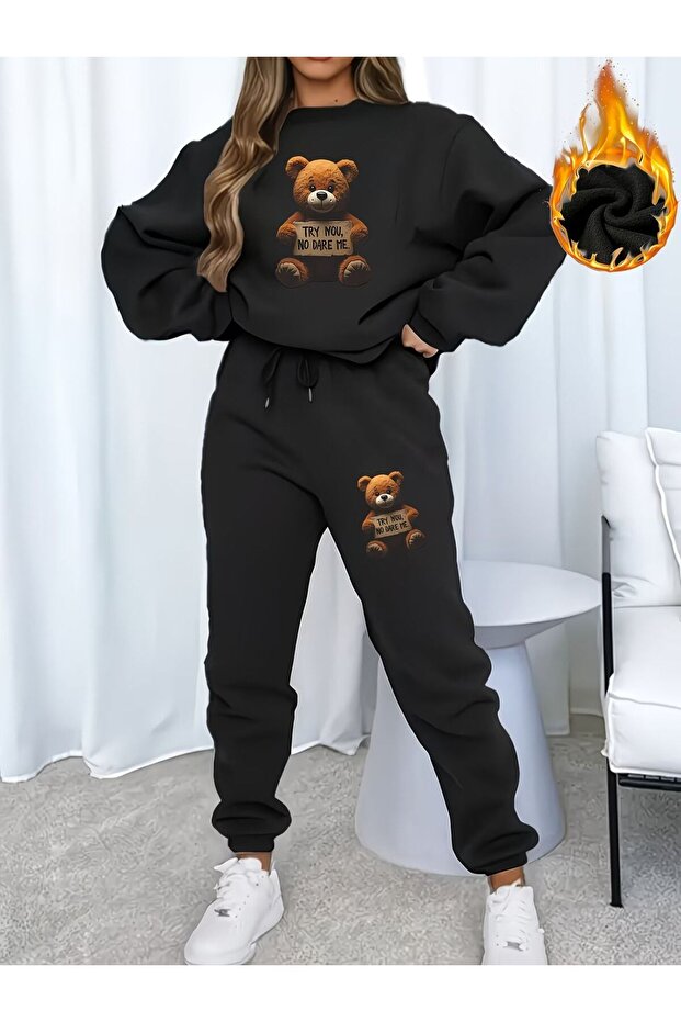 Try You No Dare Me Written Bear Printed Sweat Suit Set Circular Neckline