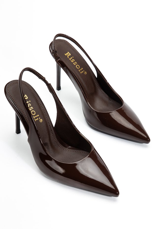 Women's Brown Patent Leather Pointed Toe Open Back Ankle Elastic Casual Classic Heeled Shoes