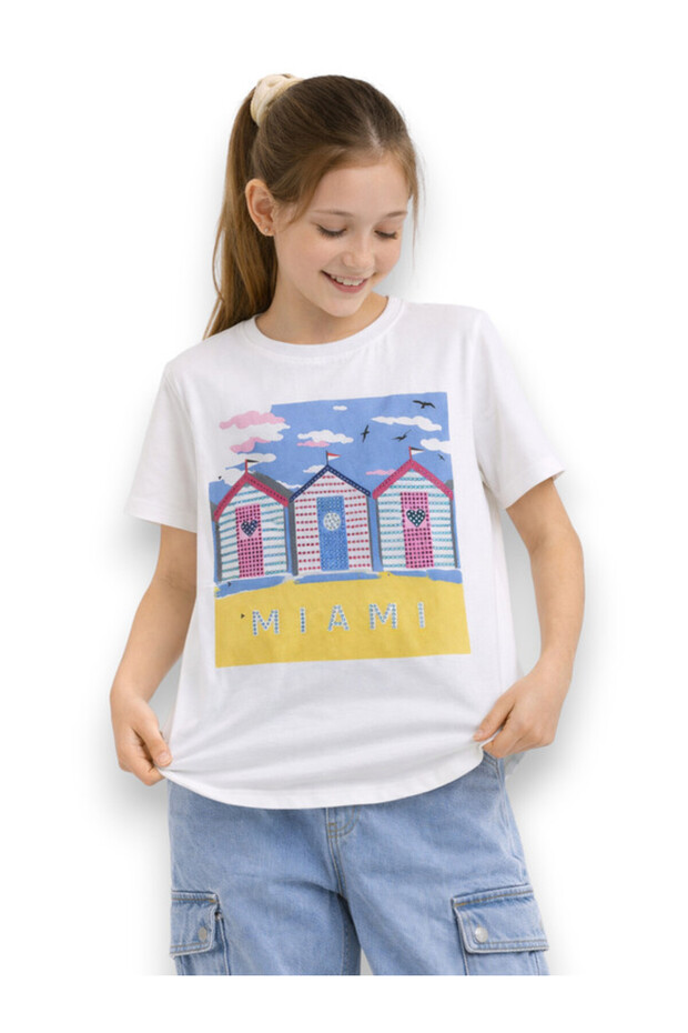 Girls Miami Graphic Embellished T-Shirt (White- Relaxed Fit)