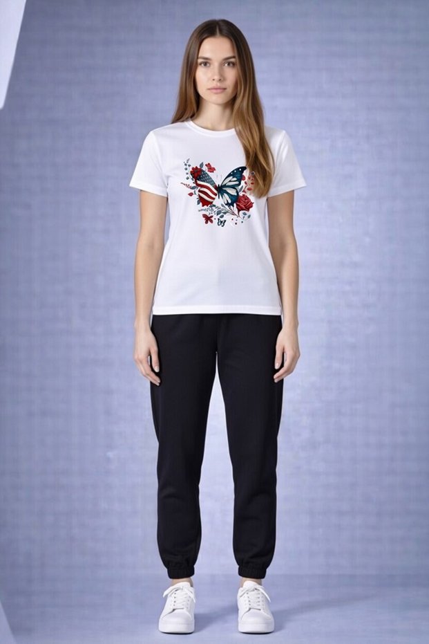 Butterfly Rose Printed Women'S/Girls' T-Shirt Tracksuit Set – Jogger Casual Set