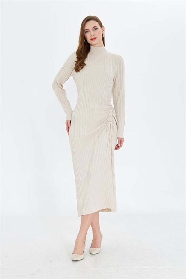 Side Drawstring Half Turtleneck Standard Size Ribbed Look Fit Cut Long Dress