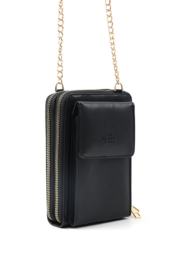 Black Shk312 Faux Leather 4 Compartments, Chain, Phone Holder and Shoulder Bag