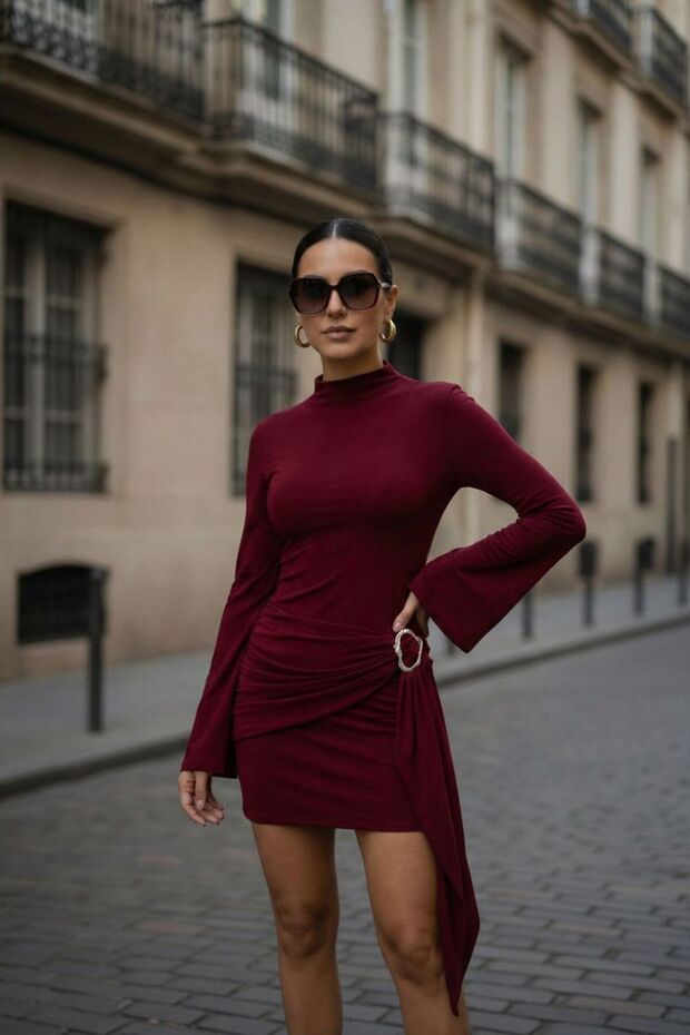 Women's Spanish Sleeve Draped Ornamental Buckle Mini Dress