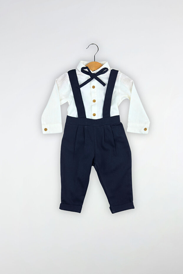 2-Piece Long Sleeve Men's Suit with Ribbon Bow Tie and Salopet