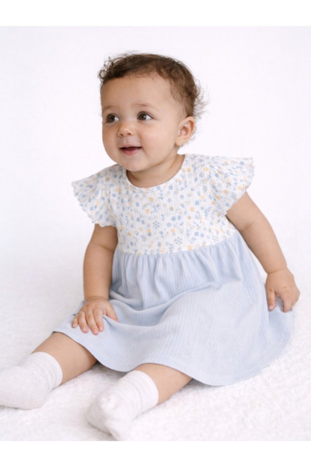 Infant Girls Drop Needle Dress with Floral Top & Blue Stripe Skirt