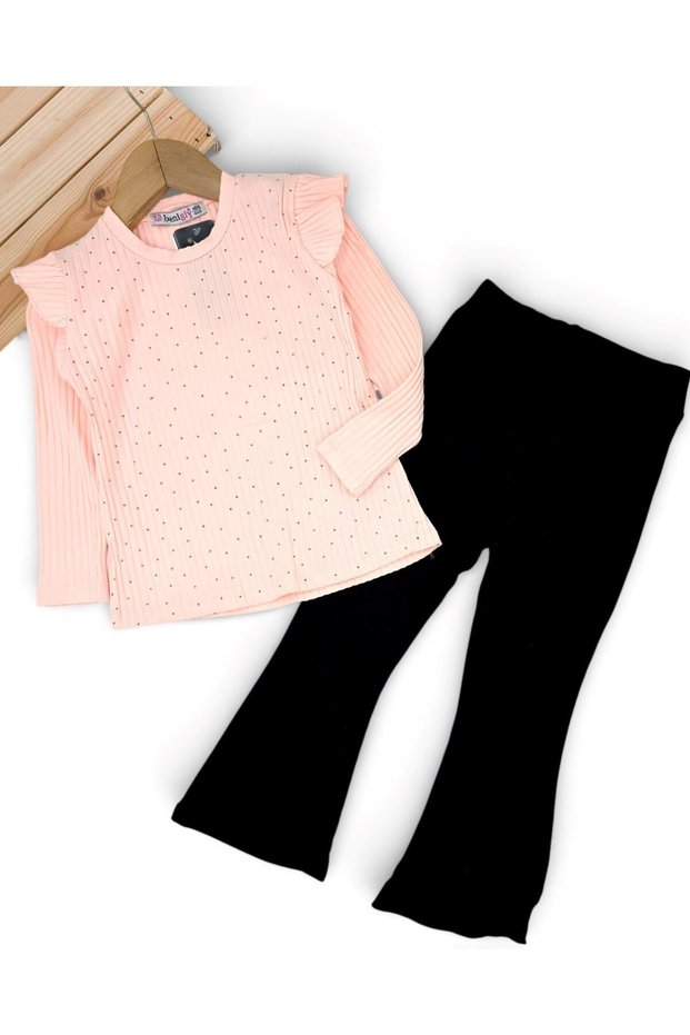 Girl's Corded Fabric Stoned Transitional Stylish 2-Piece Set L 4-12 Years Old Stoned Flared L Tights and Blouse