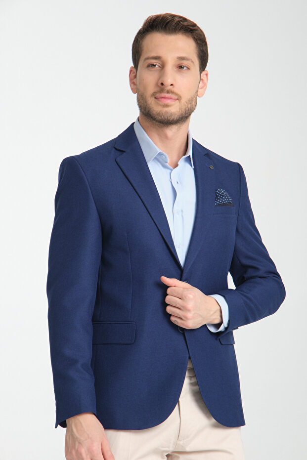 Alfredo Men's Indigo Mono Collar Linen Patterned Slim Fit Sports Blazer Jacket
