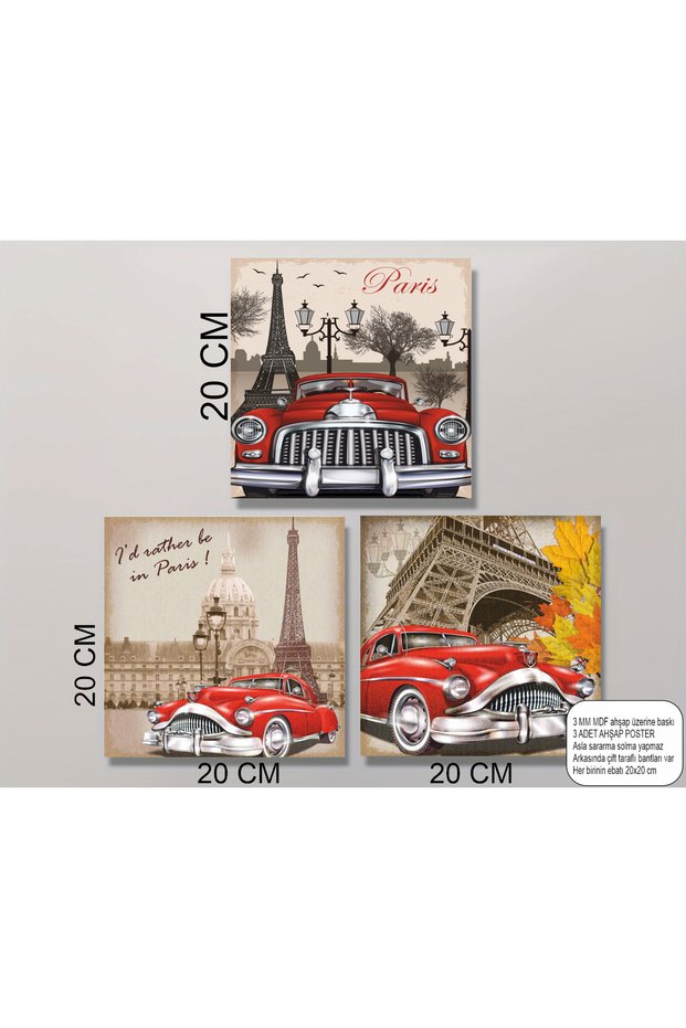 France Paris Eiffel Tower Classic Cars Mdf Painting Set Triple Retro Wood Poster