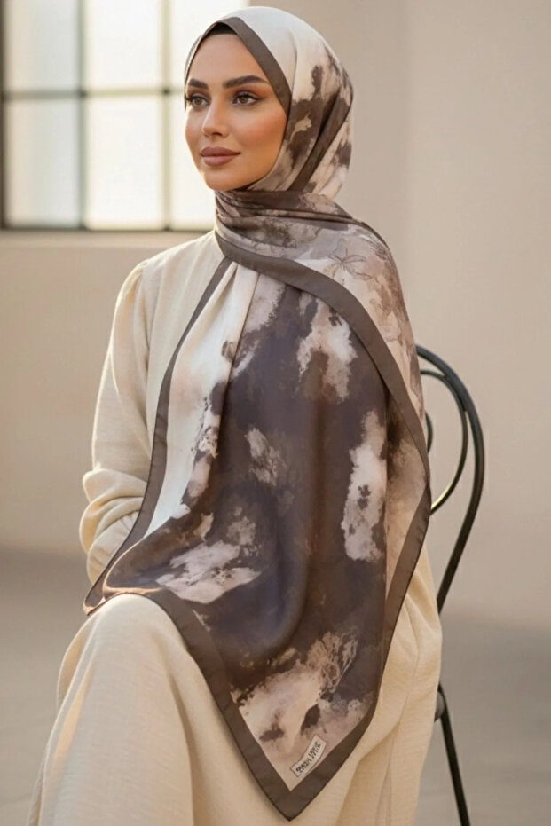 Women's Brown Cream Marbled Patterned Framed Soft Textured Cotton Seasonal Shawl