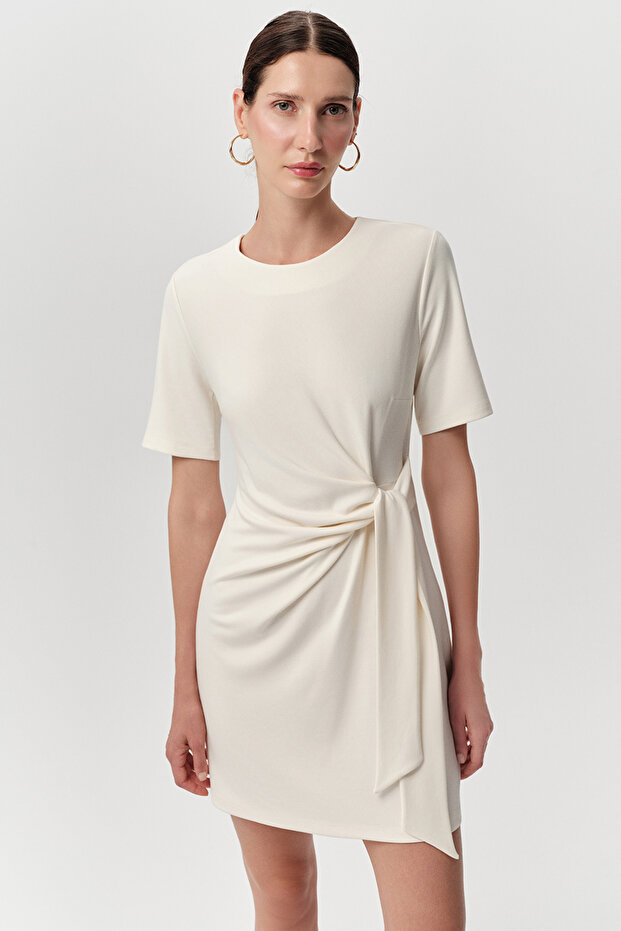 Bisiklet Yaka Belden Bağlamalı Mini Regular Örme Elbise - 2