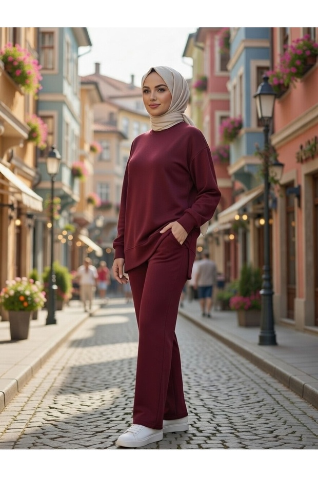 Women's Islamic Clothing Crew Neck Tunic with Side Slits Top and Bottom Set