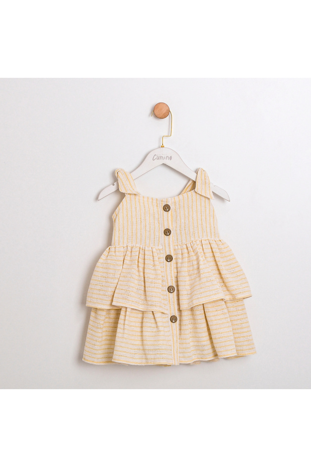 Striped Fabric Girls' Dress with Wooden Buttons
