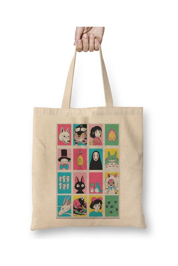 Ghibli Totoro Spirited Away Miyazaki White Tote Bag Long Handle Shopping Bag Beach Bag
