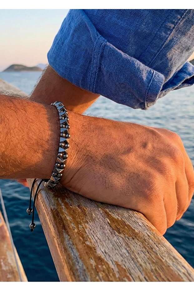 Men's Anthracite Hematite Stone Black String Adjustable Bracelet Modern Design