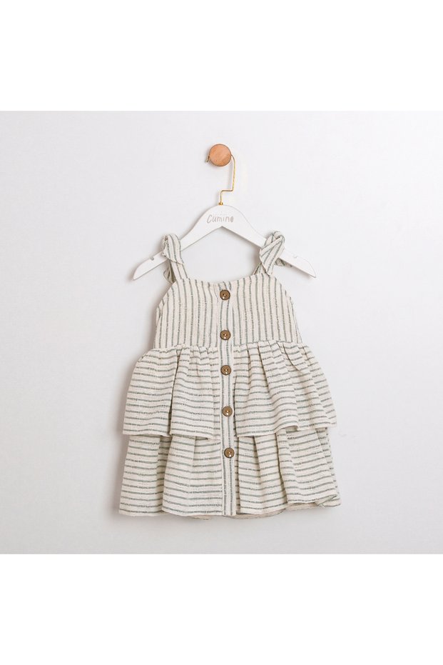 Striped Fabric Girls' Dress with Wooden Buttons