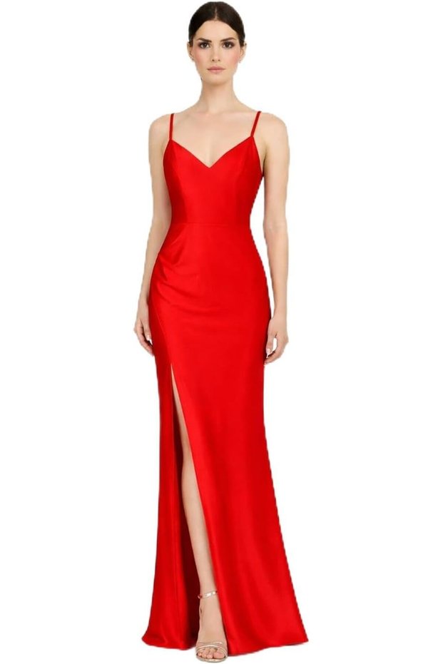 Women’s Elegant Satin Maxi Dress – Spaghetti Strap V-Neck Sleeveless Mermaid Evening Gown with F