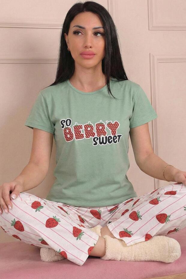 Women's Cotton Short-Sleeve Pajama Set with So Berry Sweet Slogan and Patterned Bottom