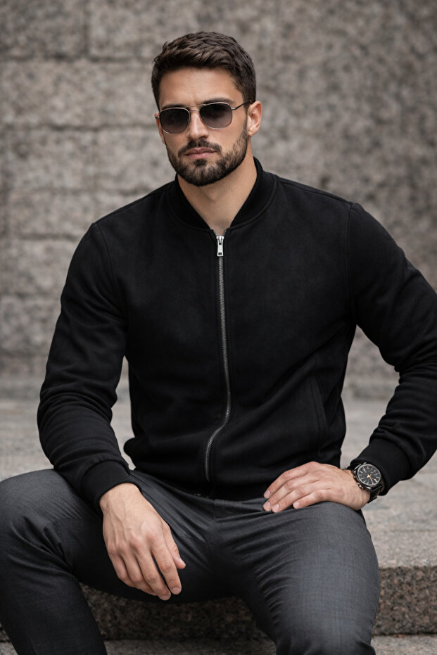 Erkek Basic Dar Kalıp Siyah Nubuk Ceket - 3