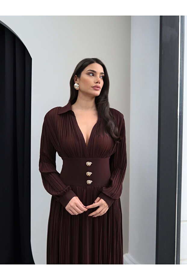 V Yaka Piliseli Maxi Elbise - 6