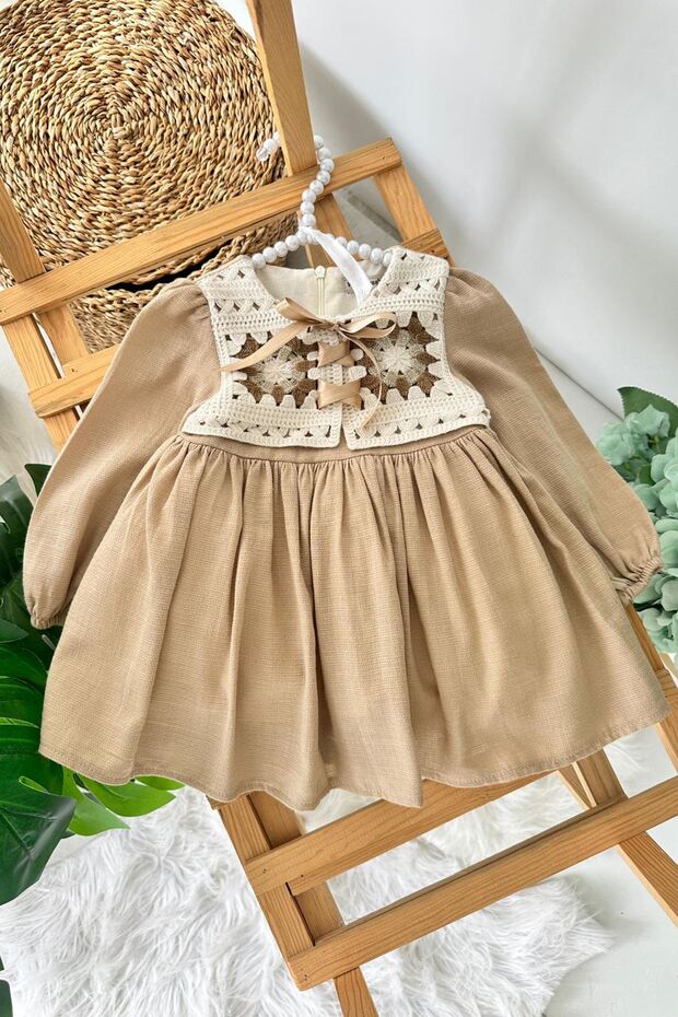 My Little One's Clothes (9-24 Months) Vintage Embroidered Collar Detailed Bowknot Baby Girl Dress - Camel