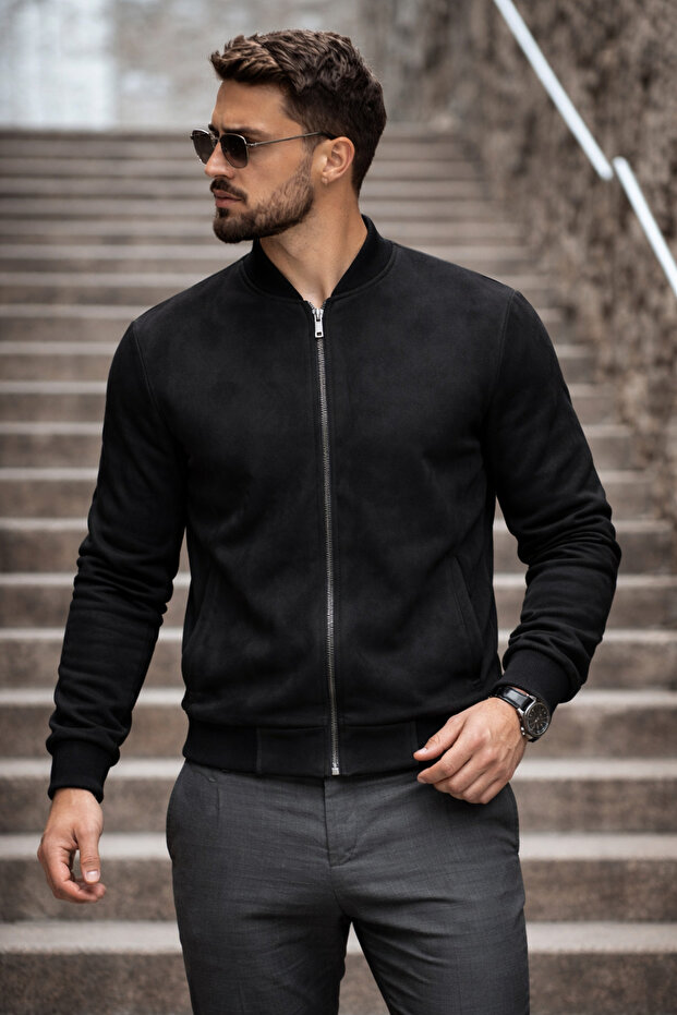 Erkek Basic Dar Kalıp Siyah Nubuk Ceket - 1