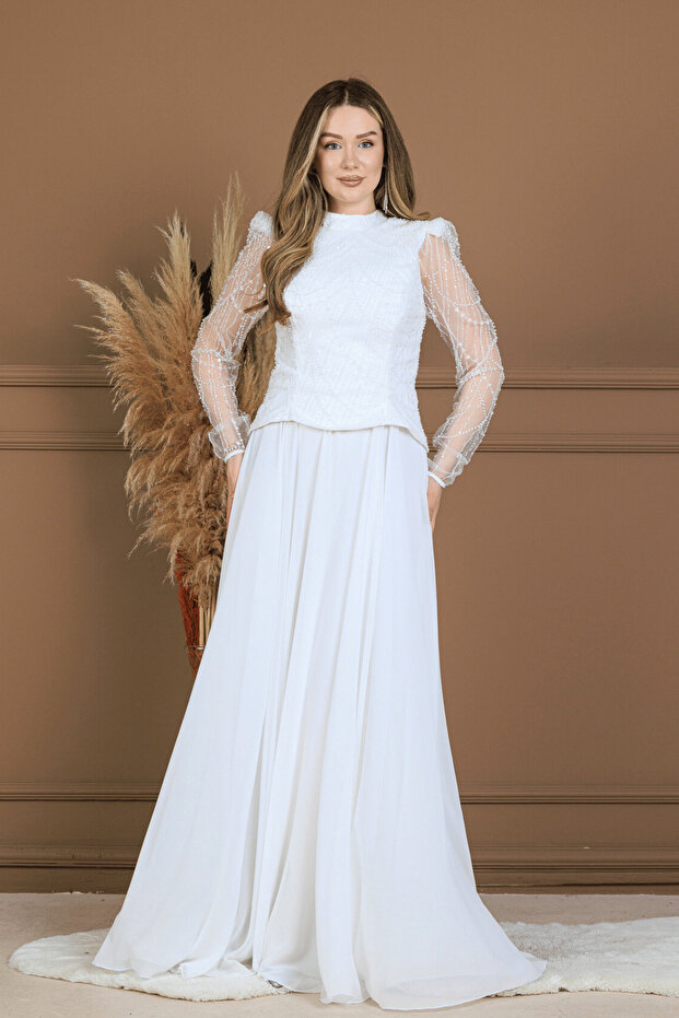 Top Beaded Detailed Bottom Chiffon Long Dress - White