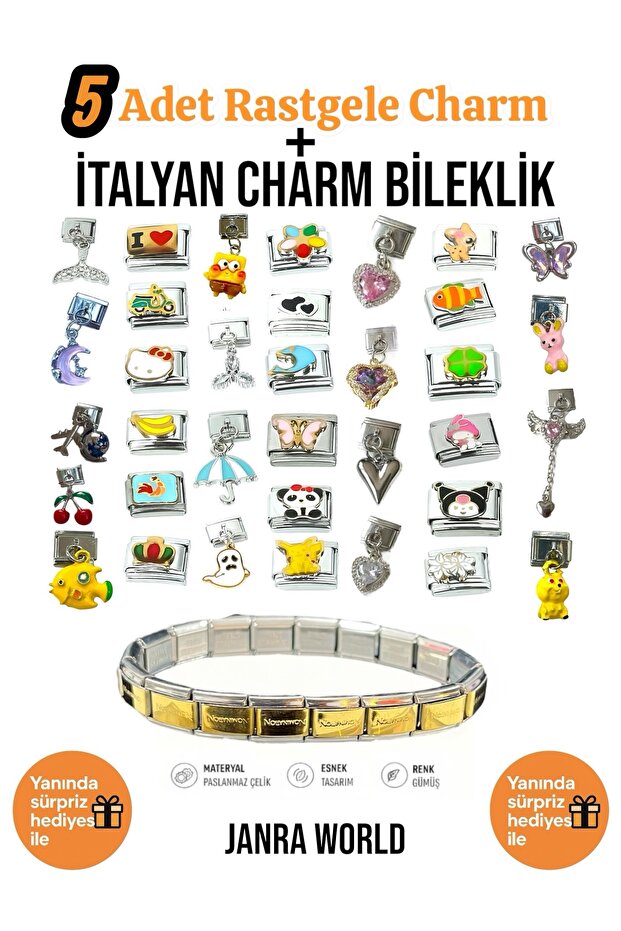 5 Pieces Random Charm + Italian Charm Bracelet Set | With Surprise Gift
