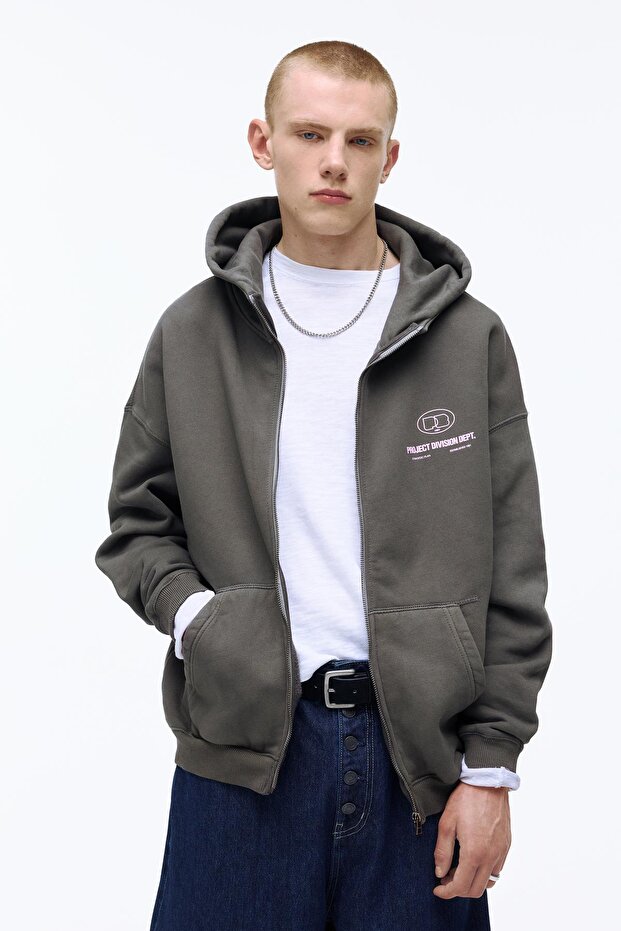 Fermuarlı kapüşonlu bol sweatshirt - 1
