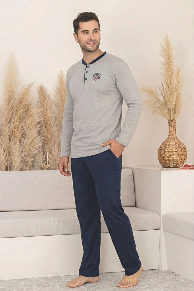 Dreamy Cotton Pocketed Buttoned Collar Long Sleeve Knitted Men's Pajama Set