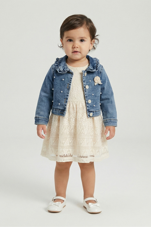 Girl's Pearl Denim Jacket and Dress Set Cream