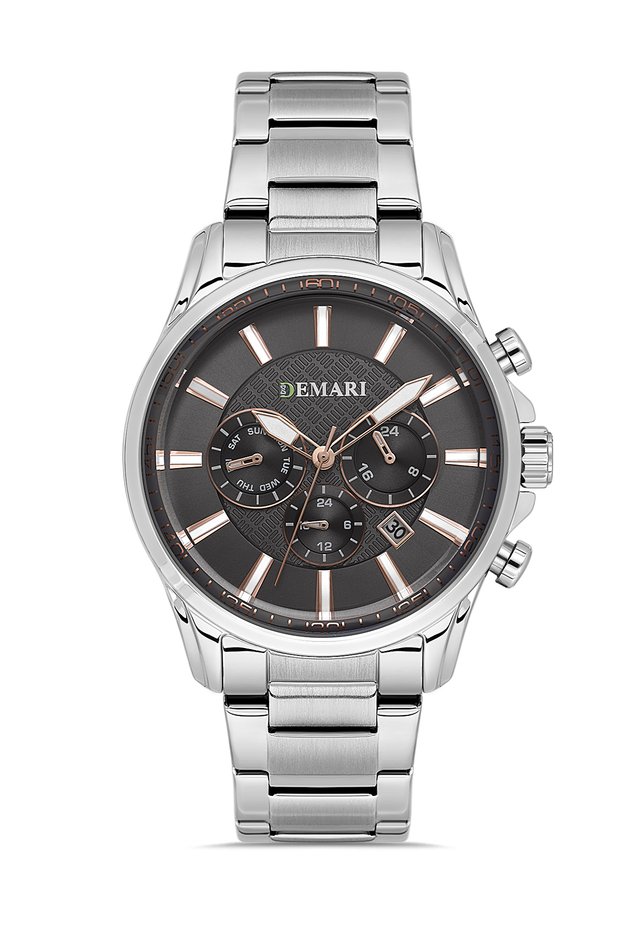 Men's Quartz Wristwatch – Silver Steel Band, Smoked Dial with Rose Gold Detail Dm-00100G-A9
