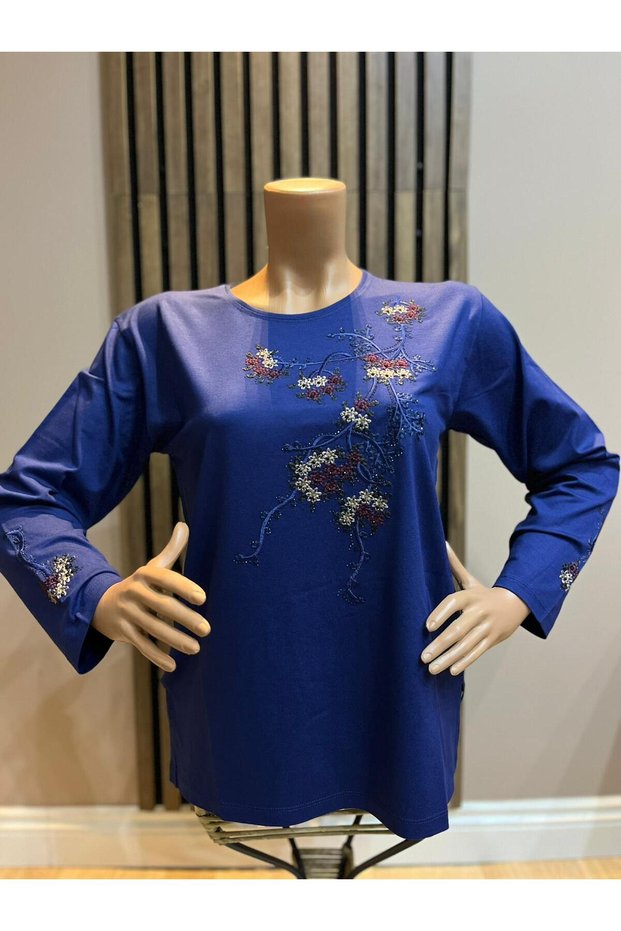 Women's Middle Age and Above Round-Neck Viscose Colorful Embroidered Stoned Lycra Mother Combed Cotton Blouse