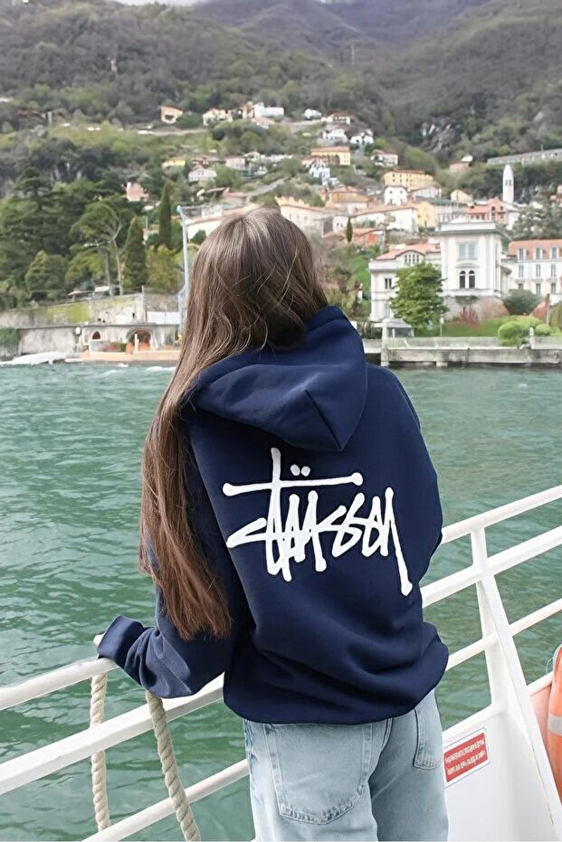 Street Style Black Hooded Sweatshirt – Stussy Logo