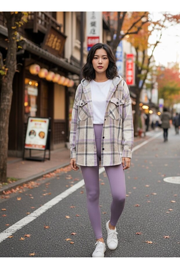 Women's Plaid Oversized Lumberjack Shirt Jacket - Lilac/Beige