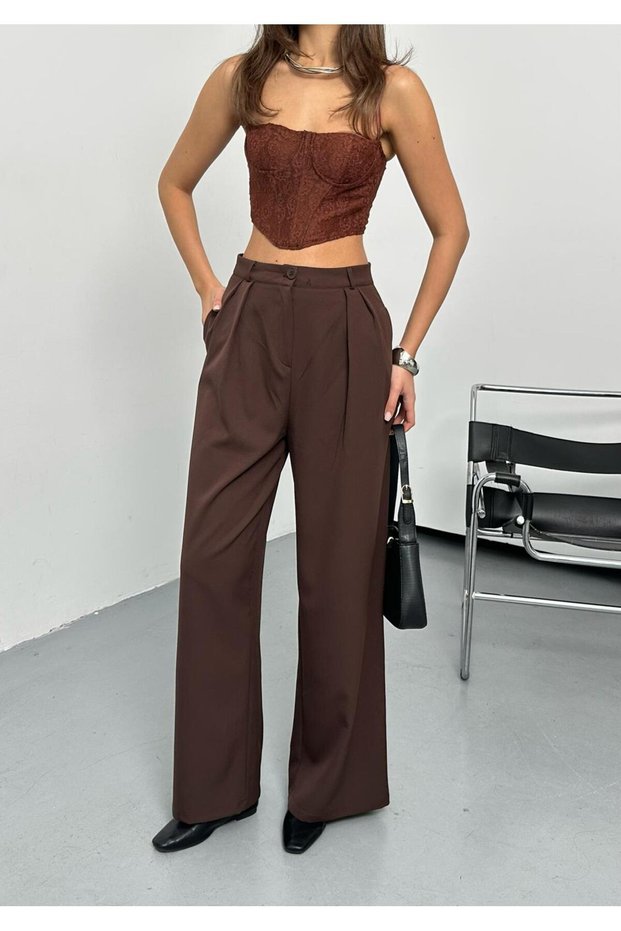 New Season Double Pleated Woven Fabric Buttoned Wide-Let Palazzo High Waist Pants