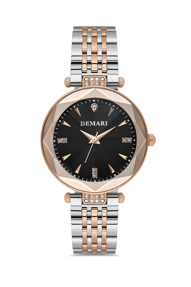 Women's Wristwatch Quartz Movement Silver & Rose Steel Band with Stone Detail Black Dial Dm-00104L-R2