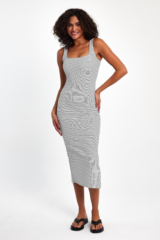 Women's Striped Strappy Cotton Polyester Stretchy Midi Dress
