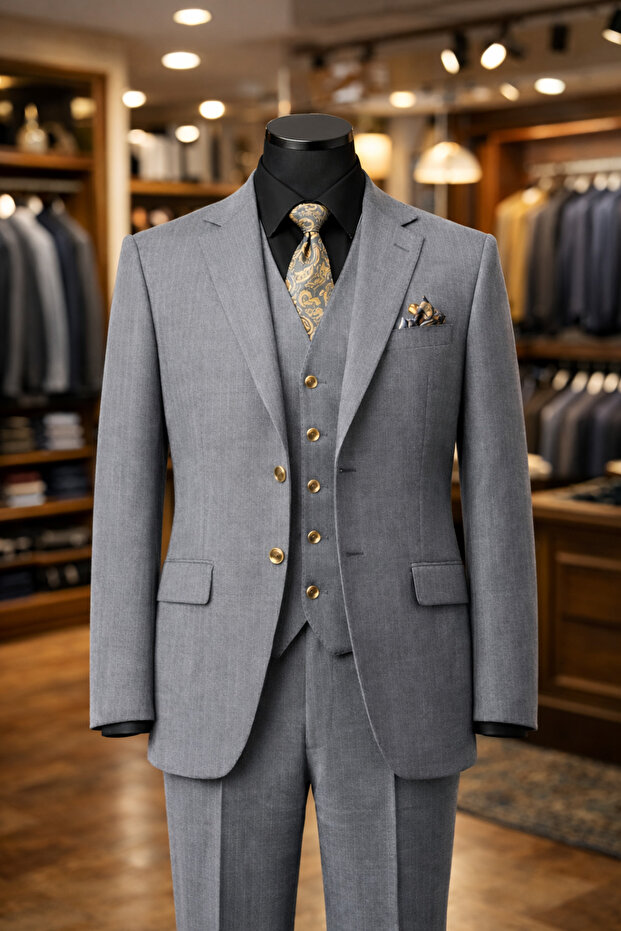 Premium Gray Suit – Men's Slim Fit with Vest, Blazer, Notched Lapel, Gold Buttons