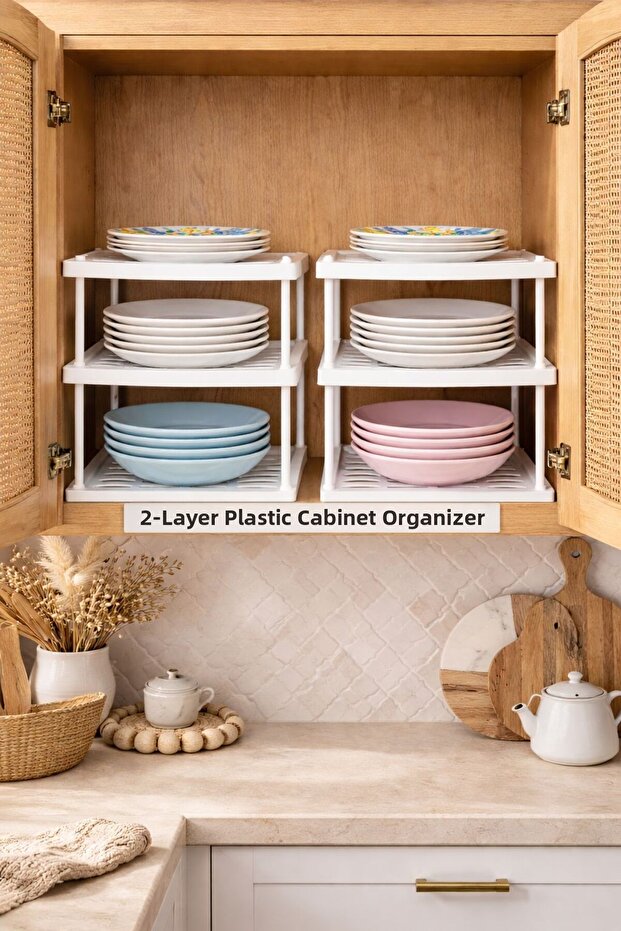 3-Layer White Plastic Cabinet Organizer (Set of 2)