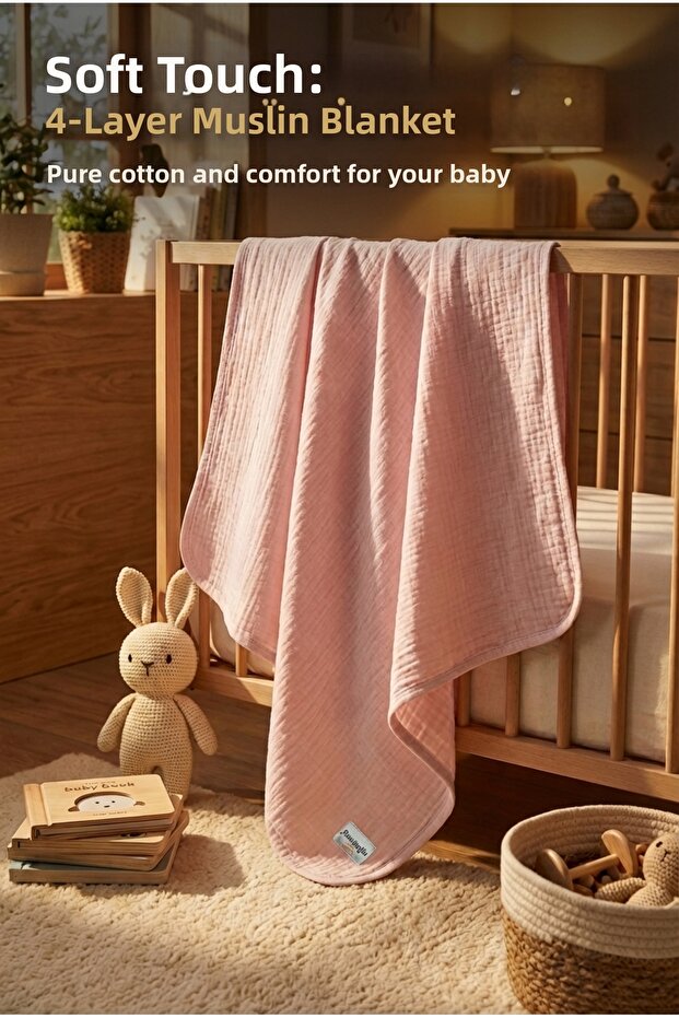 Pink 4-Layer Muslin Baby Blanket Lightweight and Soft Textured Seasonal Multi-Purpose Blanket 110X110 cm