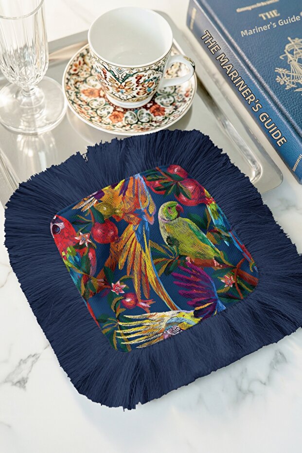 Exotic Parrot Fringed Presentation Napkin - Tropical Bohemian Navy Blue Red Coffee Side Presentation Napkin