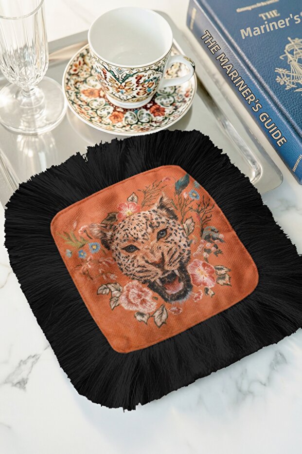 Luxury Leopard Floral Fringed Presentation Napkin-Wild Nature Bohemian Tile Black Coffee Side Presentation Napkin