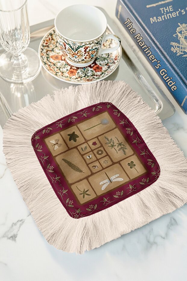 Botanical Collection Fringed Presentation Placemat Napkin - Nostalgic Vintage Burgundy Cream Presentation Napkin