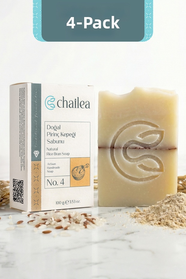 Natural Rice Bran Soap Set of 4 — Normal and Combination Skin, Cold Method, Handmade, 100 g X4