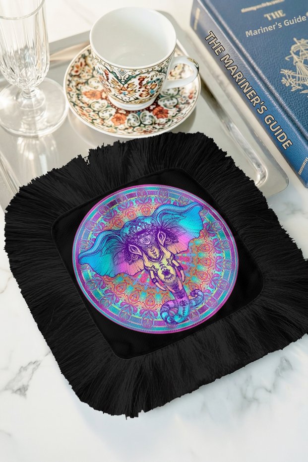 Mystical Mandala Elephant Motif Fringed Presentation Napkin - Bohemian Spiritual Black Colored Coaster Tissue