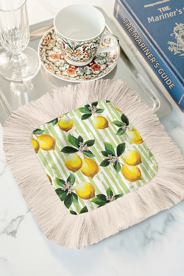 Lemon Patterned Stylish Tasseled Presentation Napkin - Natural Country Green Yellow Cream Coaster Tissue