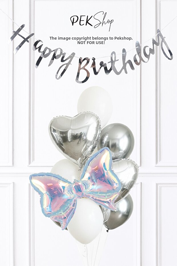 Hologram Bow Silver Heart Foil Balloon Silver White Birthday Balloon Set Set253