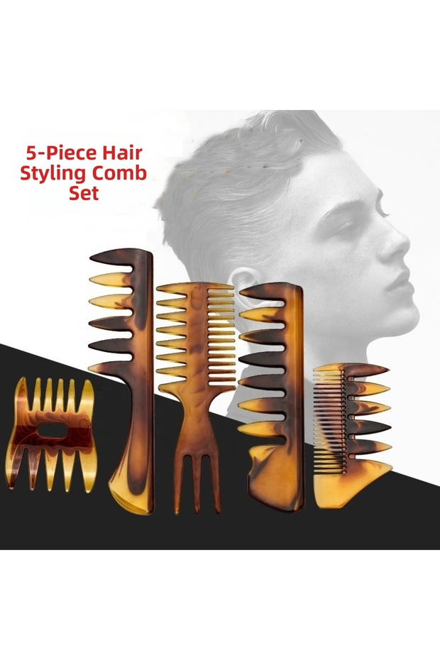 5 Pieces Hair Styling Comb Set All Hair Wax Combs Barber Combs Red-Yellow